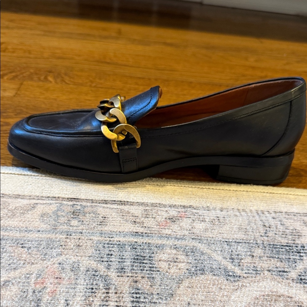 Vionic Black Leather Slip-On Loafers with Gold Chain
